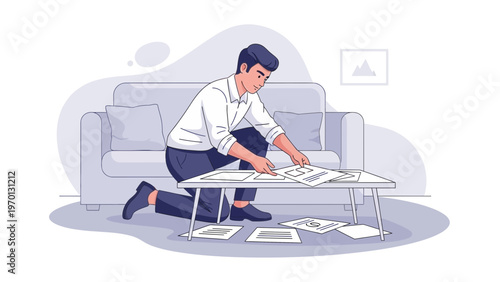 Man kneeling on floor organizing papers on coffee table, home office concept