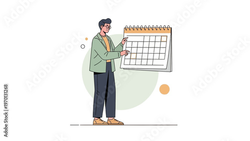 Man pointing at calendar, planning schedule, time management concept illustration