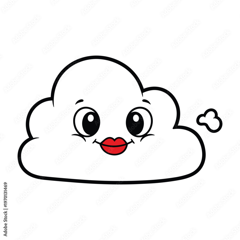 Fototapeta premium A cute cartoon cloud character with large expressive eyes and bright red lips on a white background