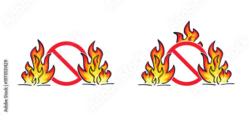 Attention, stop do not open fire or campfire flame. No flames allowed sign. Forbidding camping beach forest. For red, orange and yellow Fire flames. No bonfires, flamme icon