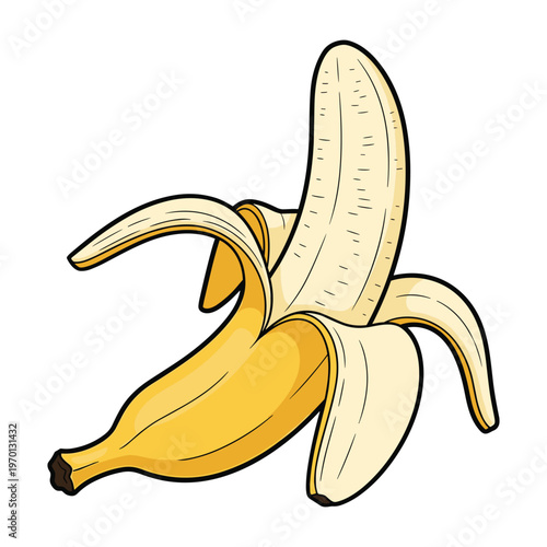 A hand-drawn illustration of a partially peeled yellow banana isolated on a white background.