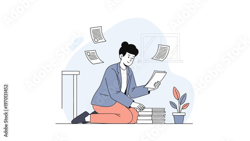 Woman Organizing Papers and Books, Studying or Working from Home