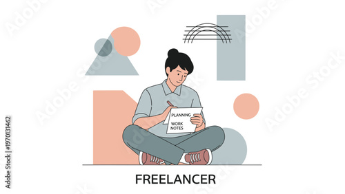 Freelancer Planning Work Notes Sitting Cross-legged with Abstract Shapes