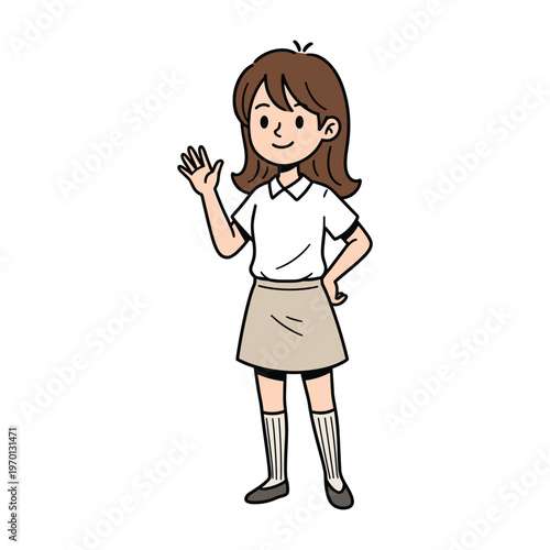 Illustration of a happy young schoolgirl in a white shirt and grey skirt waving her hand hello.