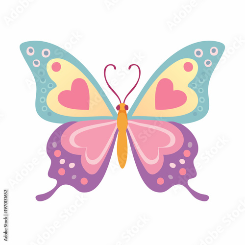 Vibrant butterfly with heart-shaped patterns on wings spreads its colorful wings.
