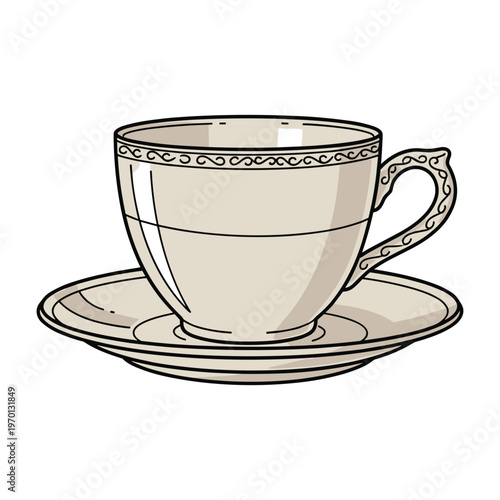 Elegant black and white line drawing of a classic ceramic teacup sitting on its matching saucer.