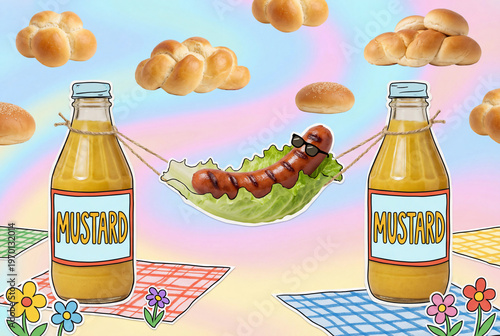 Funny surreal pop art collage of grilled sausage with sunglasses relaxing in lettuce hammock between mustard bottles for creative bbq party promotion.