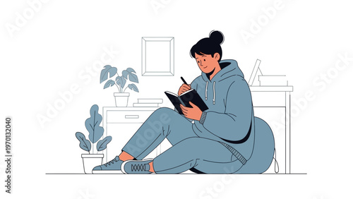 Young Woman Writing in Journal at Home, Cozy Casual Style