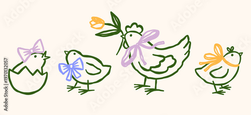 Cute coquette Easter chicks vector illustrations set. Outline chick clipart. Spring farm animals