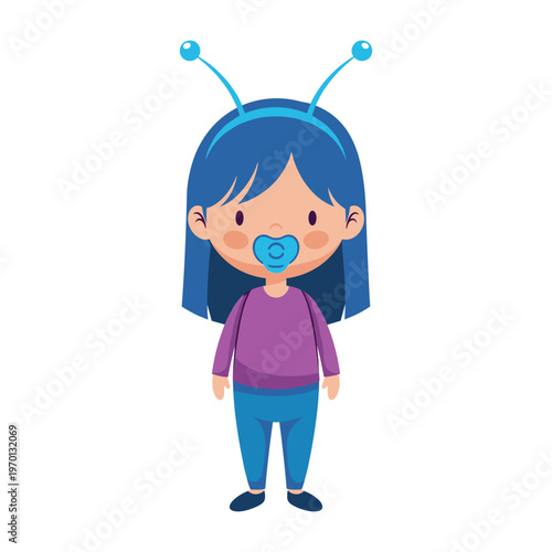 Cute cartoon baby girl with blue hair wearing a headband with antennae and a blue pacifier