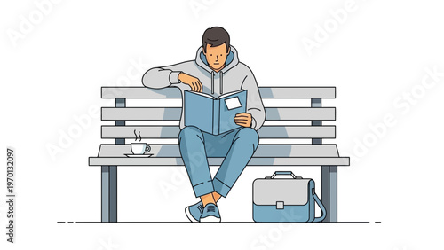 Young man reading book on park bench with coffee and briefcase