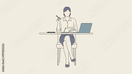 Businesswoman working at desk with laptop and notebook, pen in hand, minimalist illustration