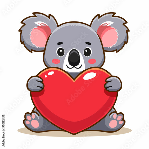 A cute cartoon koala bears holding a big red heart in a loving gesture.