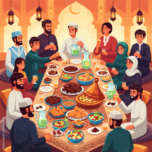 A large Muslim family and friends gather around a beautifully set table, enjoying a festive meal together during a special occasion.