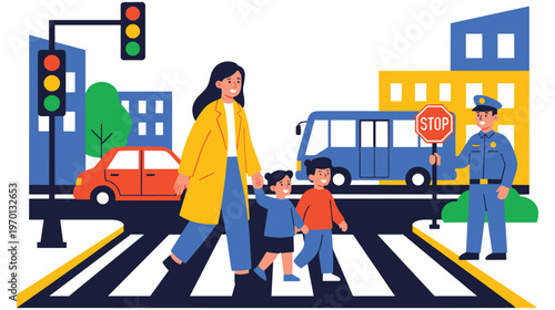 Woman and two children crossing street with police officer and bus.