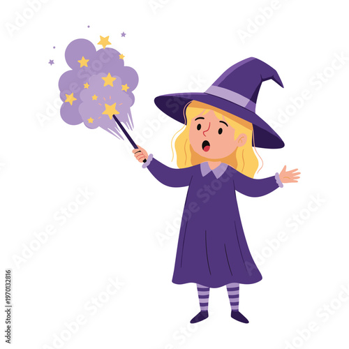 Little girl dressed as a witch for halloween holding a magic wand with purple smoke and stars.