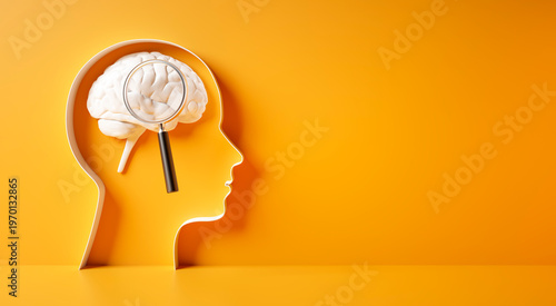 Conceptual artwork showing a 3D silhouette of a head with white brain and magnifying glass against yellow wall