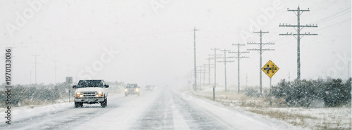 Winter Driving with Falling Snow Wintery Storm and Slick Driving