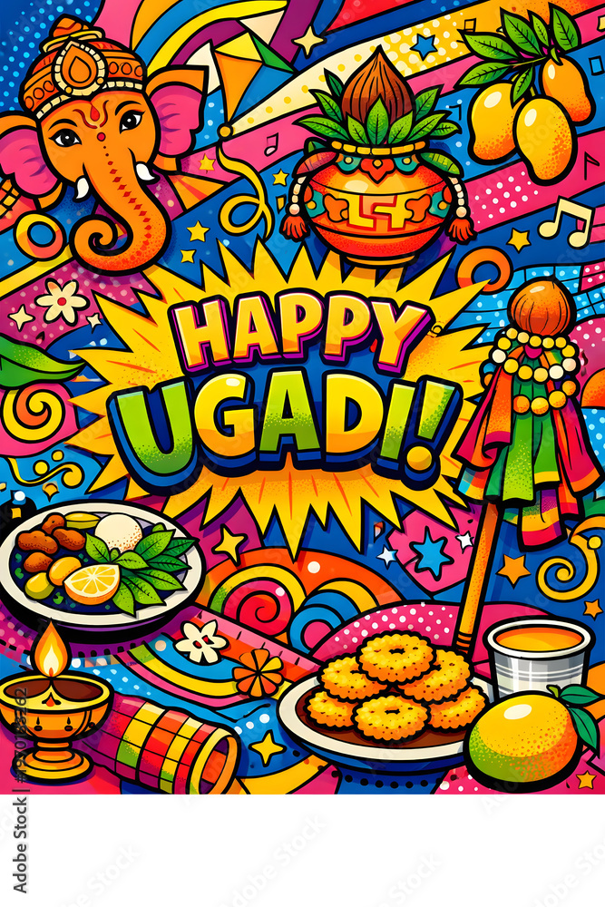 Fototapeta premium Ugadi Pop Art Illustration with Bold Colors and Festive Symbols – Vibrant Modern Celebration Design