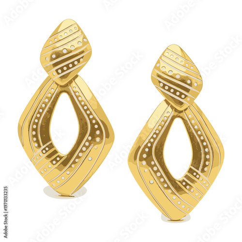 Elegant gold teardrop-shaped dangling earrings with intricate geometric patterns and a matte finish.