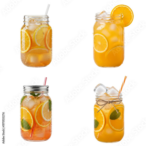 Four mason jar drinks with fruit and ice