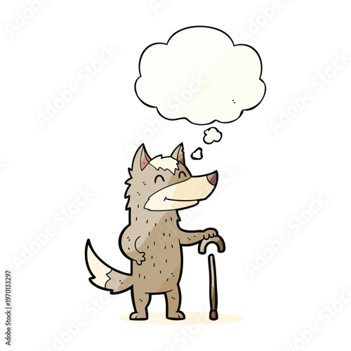 Cartoon illustration of a happy old wolf leaning on a cane with a large empty thought bubble.