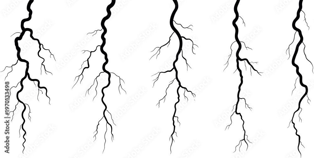 Obraz premium Lightning bolt silhouettes collection with electric strike shapes, thunder flash energy lines, dramatic storm elements isolated vector set on white background