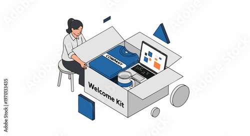 New Employee Onboarding Welcome Kit Isometric Illustration with Corporate Merch, Laptop, and Branded Apparel for Human Resources and Recruitment