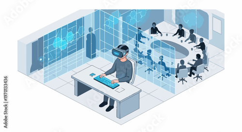 Metaverse Virtual Reality Business Meeting and Remote Work Concept Isometric Illustration with Man in VR Headset in Digital Office Environment