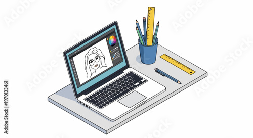 Digital Artist Workspace Isometric Illustration Featuring Laptop with Graphic Design Software and Creative Tools on Desk