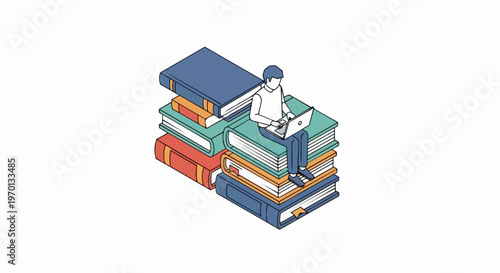 Isometric Student Sitting on Large Stack of Books Using Laptop for Online Education, E-Learning, and Digital Library Concept Illustration