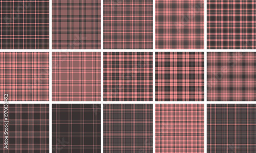 Festive plaid pattern pack tailored for New Year packaging. Coordinated tartan designs elevate boxes, tags, and gift items. Seamless vector repetition aligns perfectly.