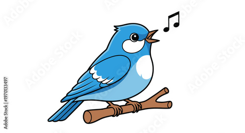 A cheerful blue bird perched on a branch singing a melodic tune