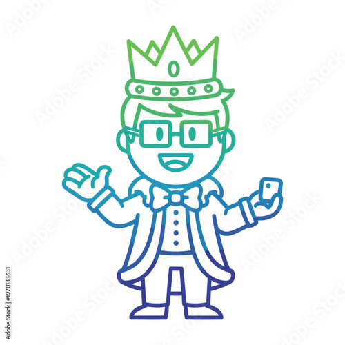 Cartoon character wearing a royal crown and holding a smartphone with a friendly smile