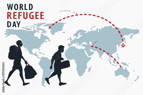World refugee day illustration depicting silhouettes walking with bags and a world map