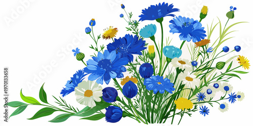Beautiful bouquet of cornflowers and daisies, vector