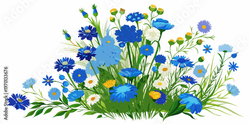 Wildflowers arrangement with blue cornflowers and yellow daisies, vector