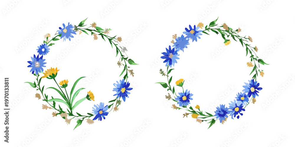 Fototapeta premium Blue cornflower and yellow wildflower circular wreath frames, vector
