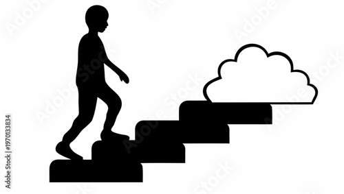Person climbing stairs transforming into clouds symbolizing dreams and aspirations