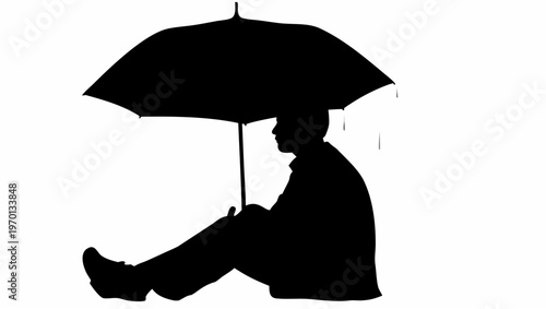 Person sitting under umbrella in rain silhouette on white background calm and peaceful atmosphere