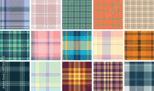 Plaid pattern pack created for labels and packaging of home goods. Coordinated tartan designs add charm and style. Vector precision ensures clarity.