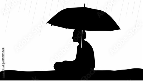 Person sitting under umbrella on rainy day in black silhouette calm and relaxed in wet weather