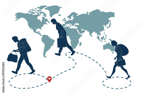 Business travelers walking with luggage against a world map backdrop