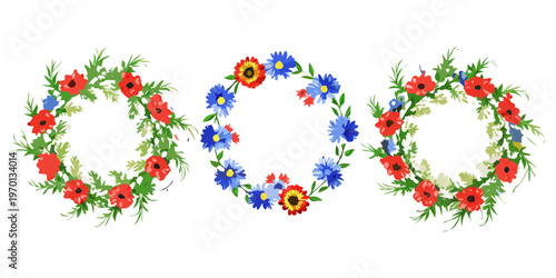 Wildflower wreaths with red poppies and blue cornflowers, vector
