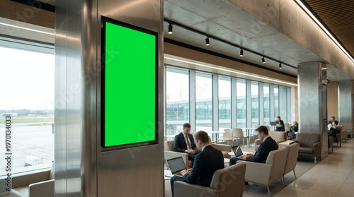 Green screen digital billboard in a modern airport lounge, perfect for custom advertising targeting business travelers and passengers awaiting flights