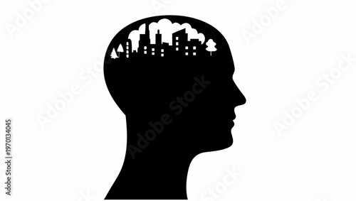 Silhouette of human head with cityscape inside symbolizing thoughts and urban life