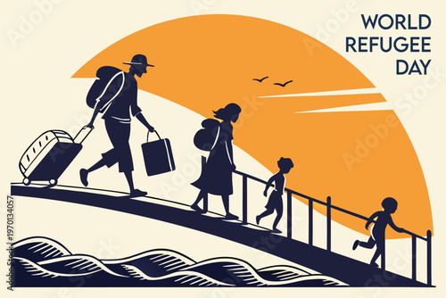 Silhouettes of a family walking towards a bright horizon for refugee day