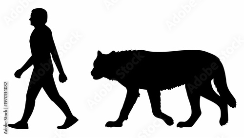A person and wolf walking side by side in silhouette symbolizing companionship and harmony with nature outdoors