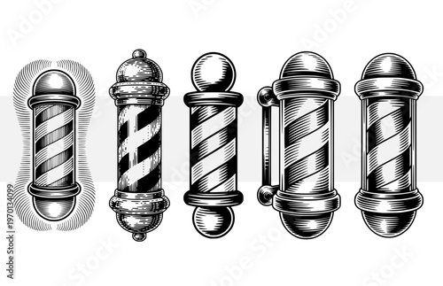 Barber pole, vintage grooming symbols, set of classic barber shop poles with stripes, retro engraved woodcut style illustrations, hair salon shop logo design elements