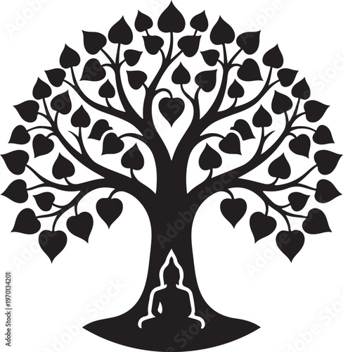 Spiritual Bodhi tree silhouette vector in minimalist line style for meditation yoga and enlightenment symbolism